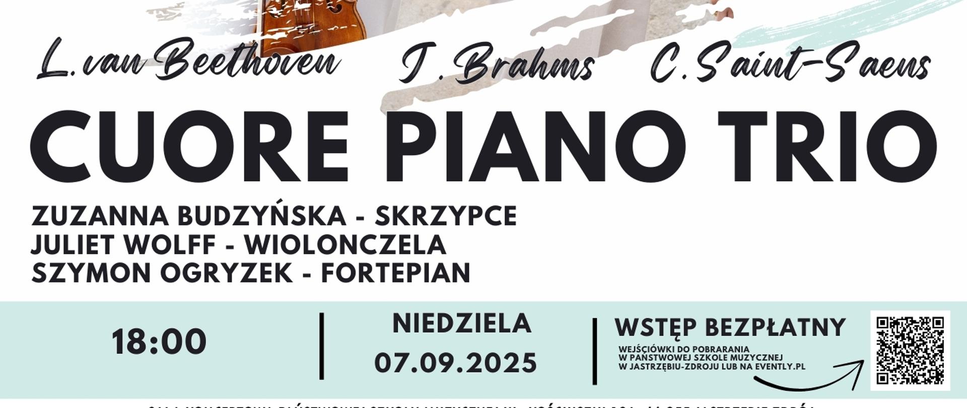Plakat informacyjny dotyczący koncertu "Cuore Piano Trio" odbywającego się w dniu 07.09.2025 o godz. 18.00.