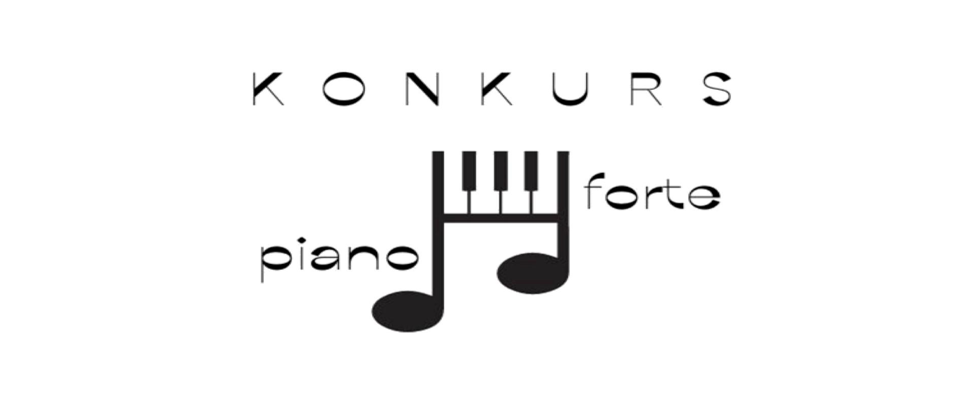 Grafika przedstawia plakat w kolorze białym, u góry logo szkoły, pośrodku napis w kolorze czarnym Konkurs piano forte dla uczniów klas fortepianu, pod spodem tekst w kolorze czerwonym 20 maja 20223 roku, aula szkoły aleja Niepodległości 21