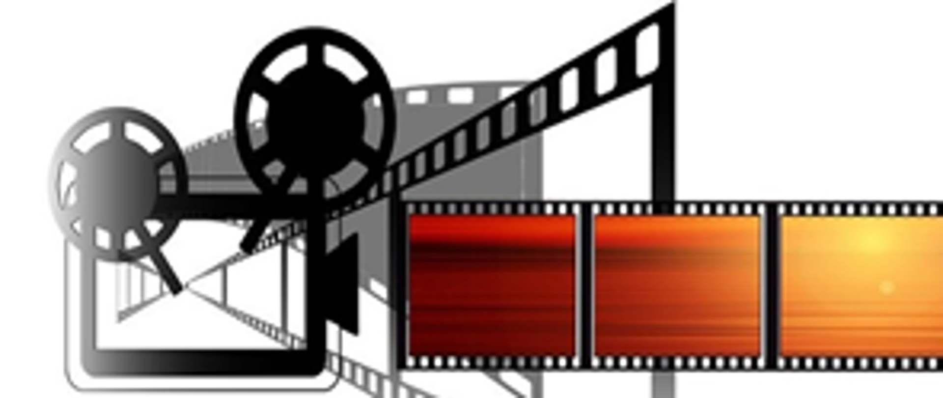 Symbol rzutnika-projektora do wyświetania filmów z taśmy filmowej. Trzy kadry filmu wychodzących z obiejtywy projektora.