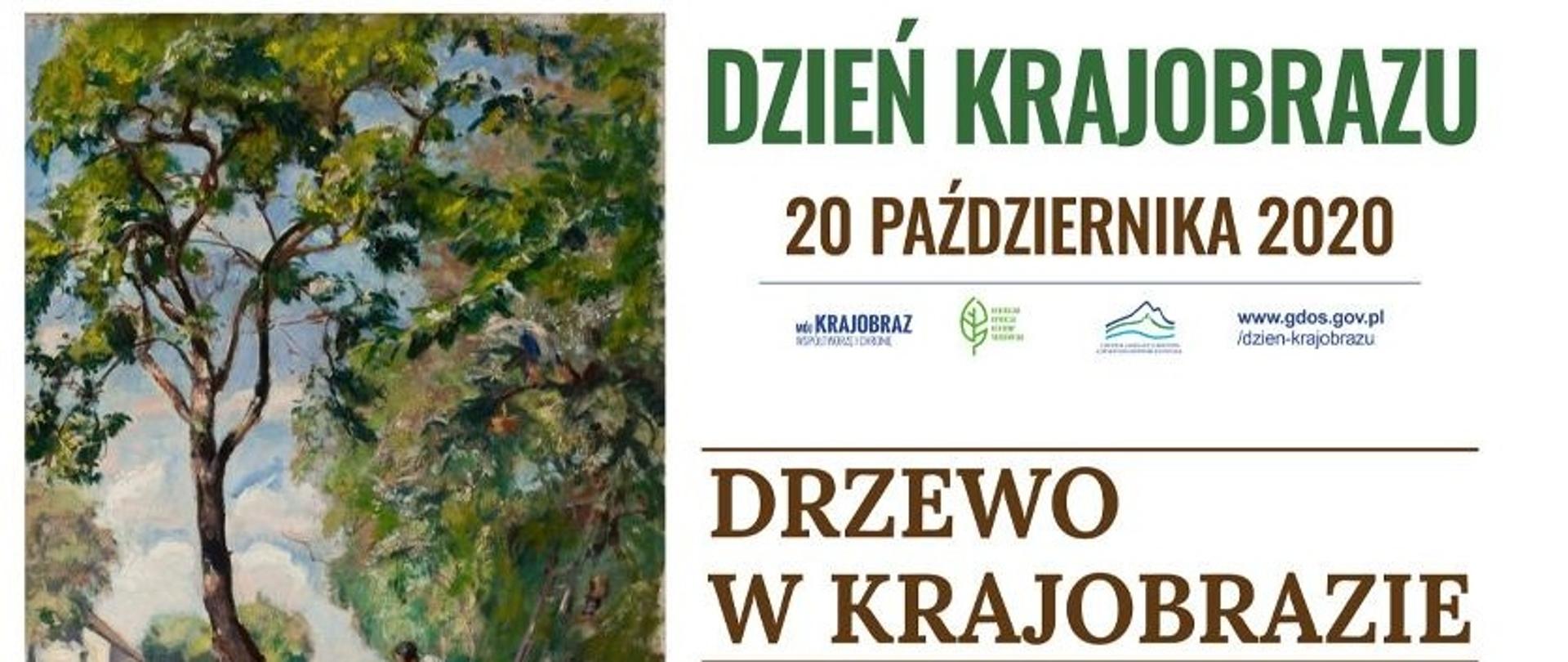 Plakat przedstawiający drzewo namalowane oraz dwie postacie. Znajduje się również napis drzewo w krajobrazie 20 października 2020 . Fotografie zamieszczono dzięki uprzejmości Muzeum Narodowego w Warszawie