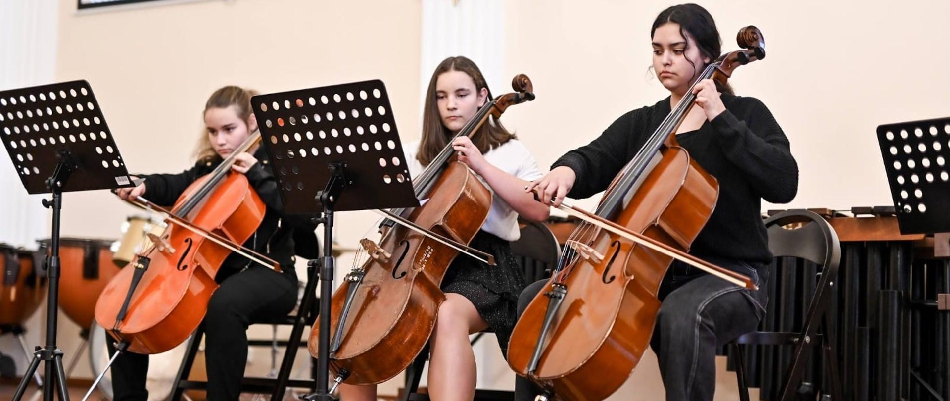 Zdjęcie przedstawia trzy osoby grające na wiolączelach znajdujące się w sali koncertowej PSM w Lublińcu