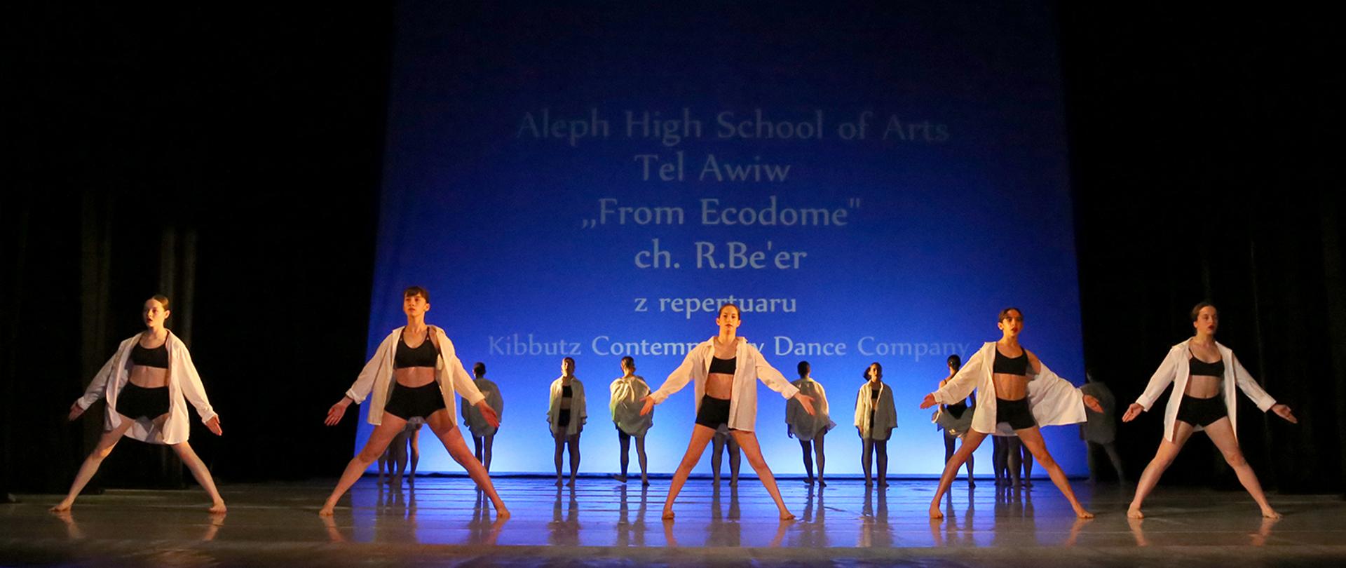Tancerze i tancerki w układzie tanecznym na scenie, w tle na niebieskim podświetleniu tytuł spektaklu
