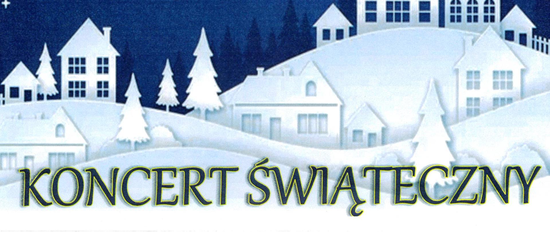 Plakat świąteczny Państwowej Szkoły Muzycznej I stopnia im. Ignacego Jana Paderewskiego w Choszcznie. W górnej części widnieje zimowa ilustracja: nocne niebo z gwiazdami i księżycem oraz ośnieżone domy i drzewa. W złotym napisie widnieje „Wesołych Świąt”. Niżej umieszczony jest duży tytuł „Koncert Świąteczny”.
Informacje o wydarzeniach:
– 12 grudnia 2025 r. (piątek) godz. 17:00 – koncert dla rodziców uczniów z klas I/6, II/6 oraz Muzycznej Zerówki.
– 16 grudnia 2025 r. (wtorek) godz. 17:00 – koncert dla rodziców uczniów z klas III–VI/6 oraz I–IV/4.
Na dole plakatu znajduje się zielony napis „zapraszamy”.