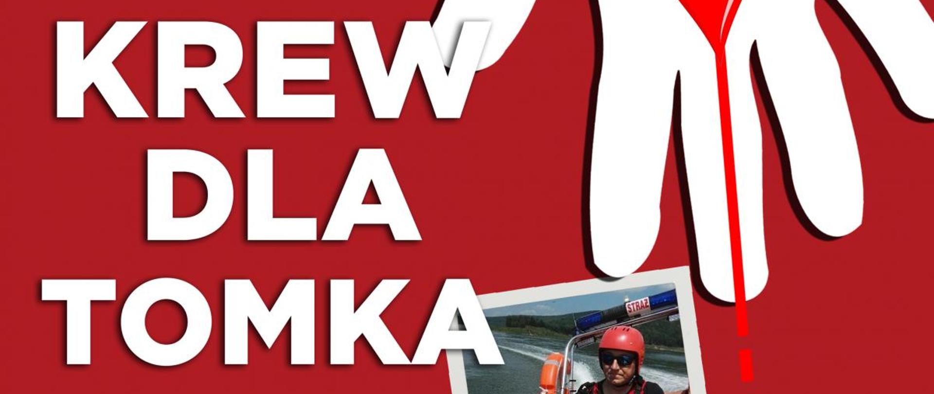 Plakat zawierający szczegóły akcji. Białe litery na czerwonym tle. Po prawej stronie dwa zdjęcia strażaka- jedno w mundurze galowym a drugie na motorówce. Na górze i dole białe karykatury dłoni.