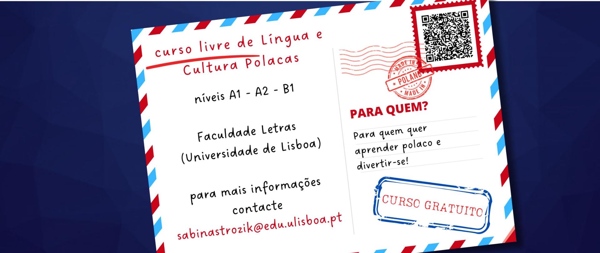 A imagem mostra um postal com informação sobre cursos de l´´ingua e cultura polacas oferecidas na Faculdade de Letras da Universidade de Lisboa