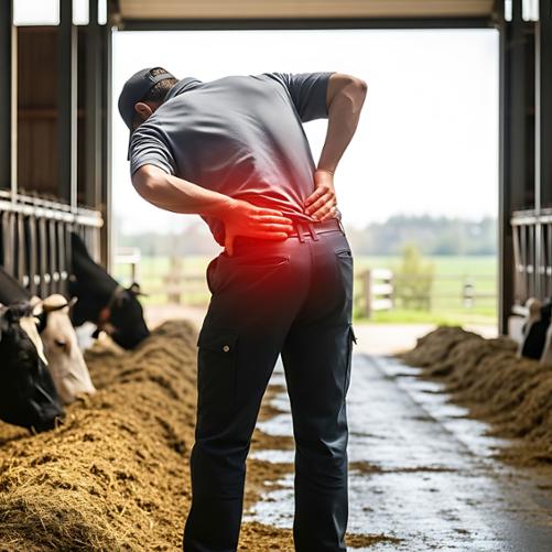 rolnik w oborze trzymający się za plecy