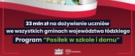Grafika informująca, że w ramach programu "Posiłek w szkole i w domu" przeznaczonych zostało 33 mln zł na dożywianie uczniów we wszystkich gminach województwa łódzkiego 