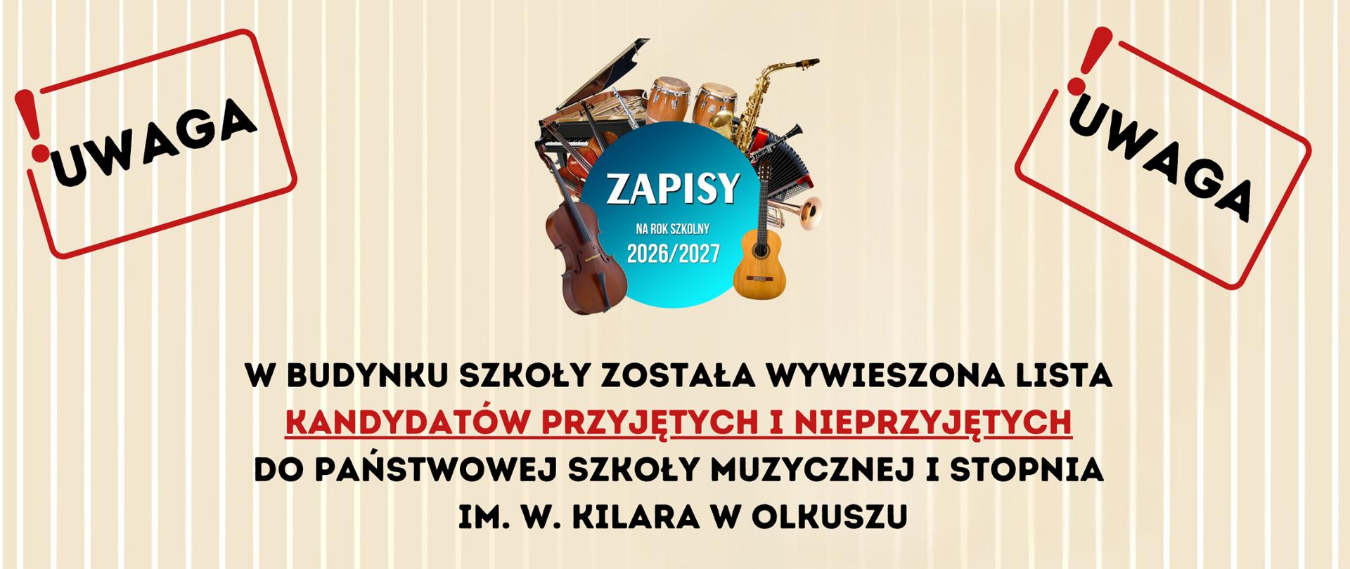 beżowe tło w białe paski, czerwone i czarne napisy, logo rekrutacji