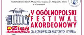 Dyplom Konkursu Akordeonowego w Kozienicach, białe tło, niebieskie, czarne; rysunek akordeonu.