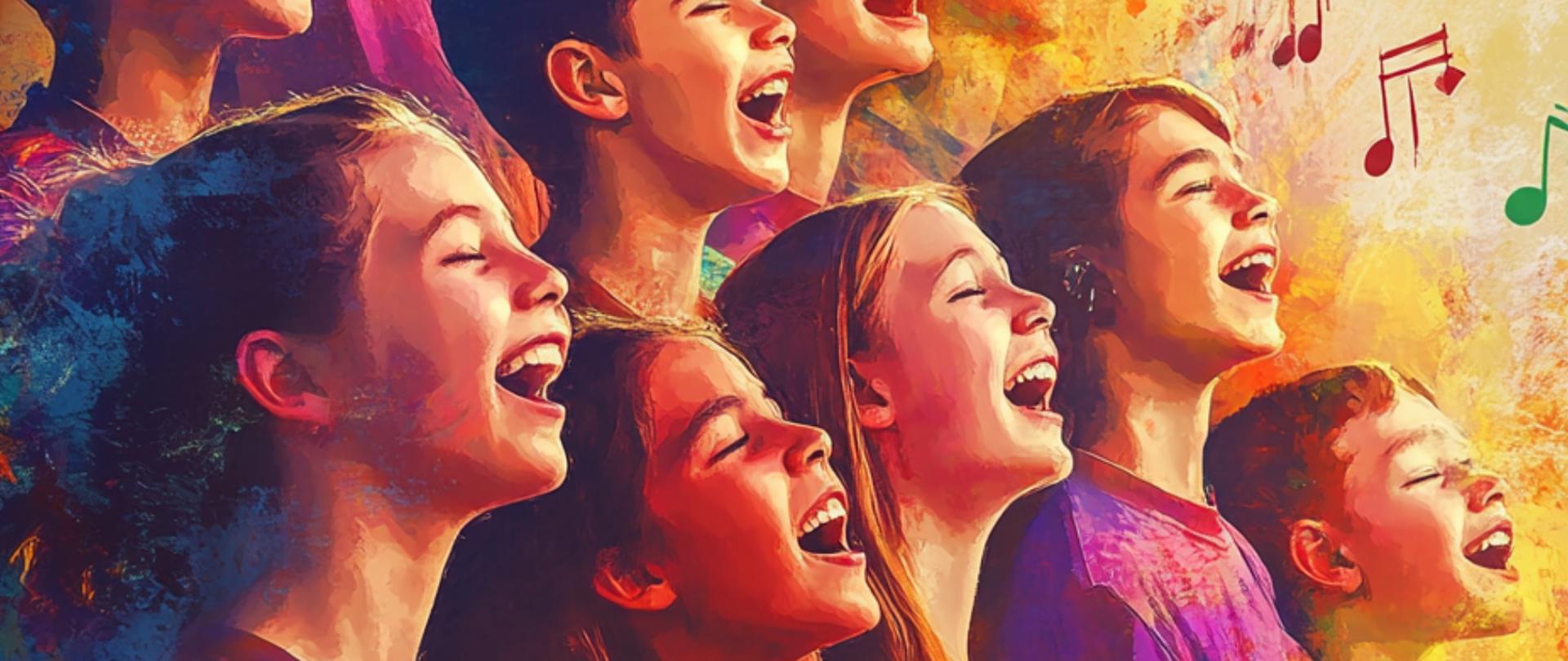 kolorowy plakat z śpiewającymi dziećmi. Nad nimi unoszą się nutki. U dołu biały napis na różowym tle.