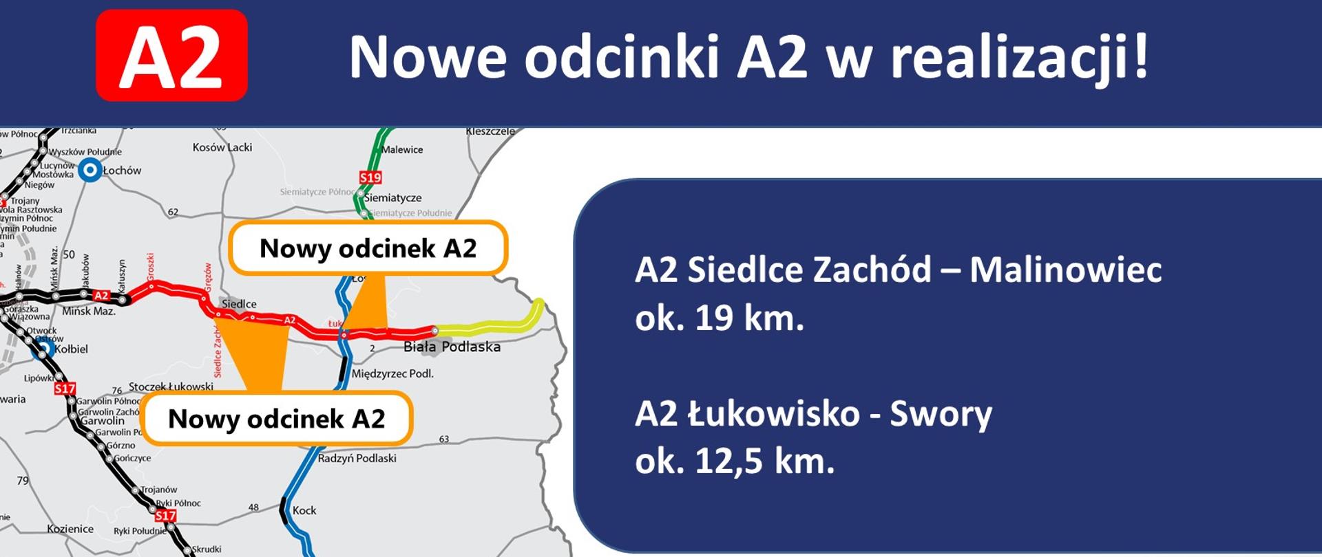 Grafika szaro-granatowa, z wycinkiem województwa mazowieckiego przedstawiająca układ autostrady A2. Napisy na grafice: Nowe odcinki A2 w realizacji. A2 Siedlce Zachód - Malinowiec ok. 19 km. A2 Łukowisko - Swory ok. 12,5 km. Logo Ministerstwa Infrastruktury oraz Generalnej Dyrekcji Dróg Krajowych i Autotstrad. #Łączymy Polskę.