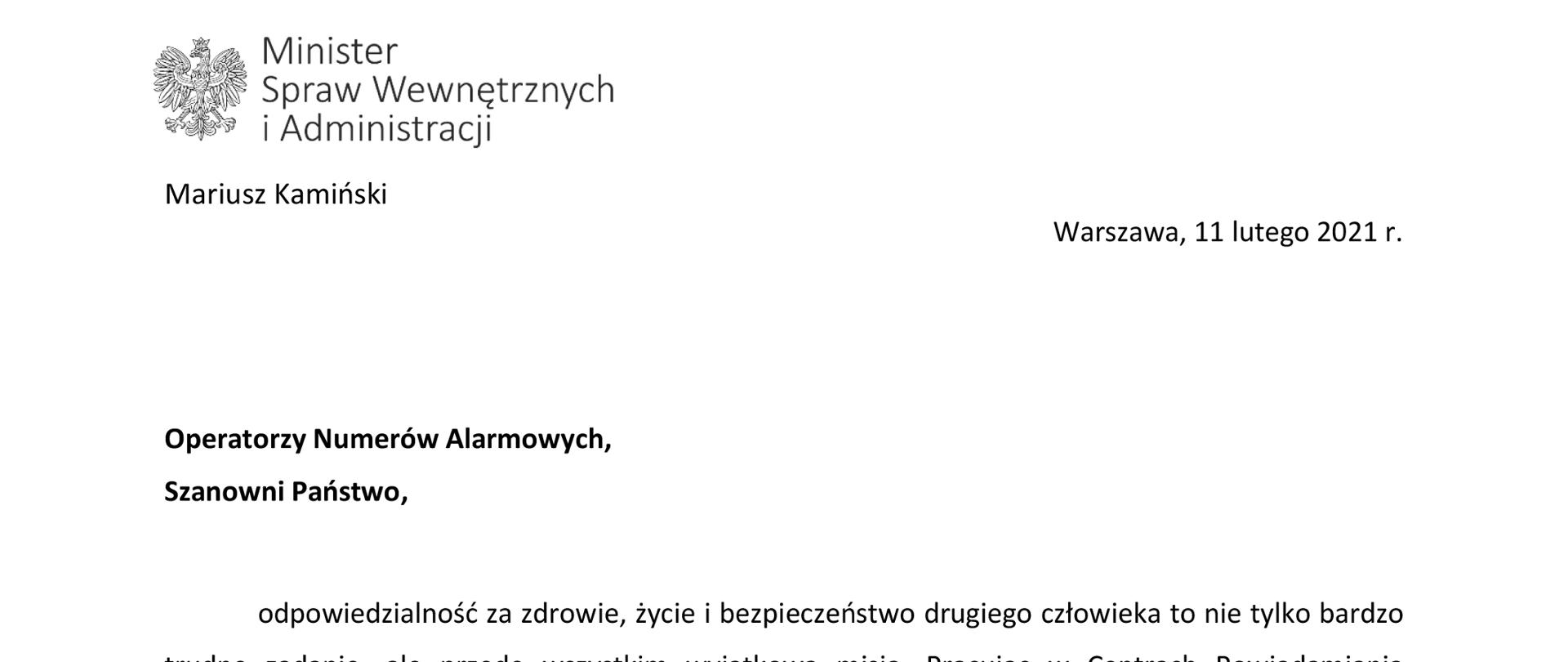List ministra SWiA do Operatorów Numerów Alarmowych.