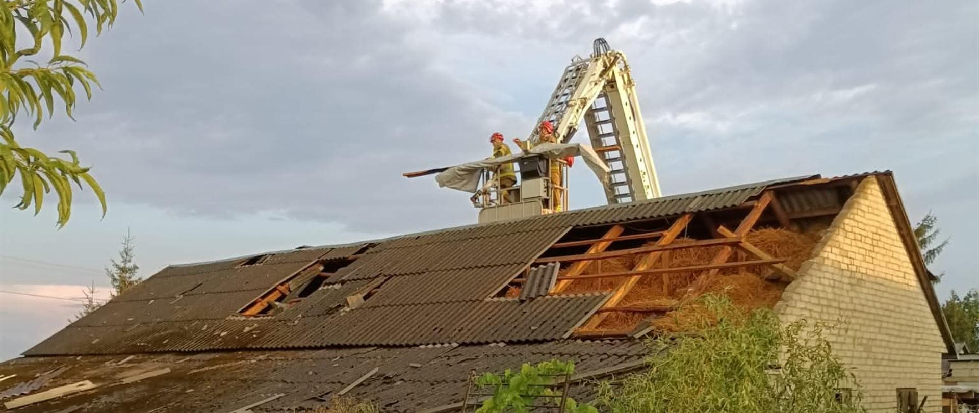 Szerokie ujęcie zniszczonego przez żywioł (prawdopodobnie wiatr) budynku gospodarczego. Połowa dachu pokrytego eternitem jest zerwana, odsłaniając drewnianą konstrukcję i zgromadzone w środku siano. Na podnośniku koszowym straży pożarnej, uniesionym wysoko nad budynkiem, widać dwóch strażaków w hełmach i mundurach ochronnych, którzy oceniają szkody i prawdopodobnie zabezpieczają teren. Na pierwszym planie widać stary, zniszczony murek i bujną roślinność. Niebo jest pochmurne.