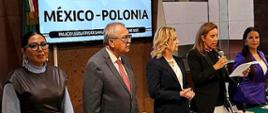 Na zdjęciu widać pięć osób stojących obok siebie w rzędzie, zwróconych przodem do obiektywu.
Od lewej do prawej stoją: posłanka Genoveva Huerta Villegas, poseł Pedro Vázquez González, Ambasador RP Agnieszka Frydrychowicz-Tekieli, posłanka María Angélica Granados Trespalacios oraz posłanka Alma Lidia De la Vega Sánchez.
Wszyscy są elegancko ubrani — w garnitury lub formalne stroje. Uczestnicy mają spokojne, skupione wyrazy twarzy, a niektórzy uśmiechają się lekko. W tle znajduje się sala parlamentarna z emblematami i flagami Meksyku, co nadaje scenie uroczysty i oficjalny charakter.
Zdjęcie przedstawia moment deklaracji instalacji Grupy Przyjaźni Meksyk–Polska przez przewodniczącą grupy.