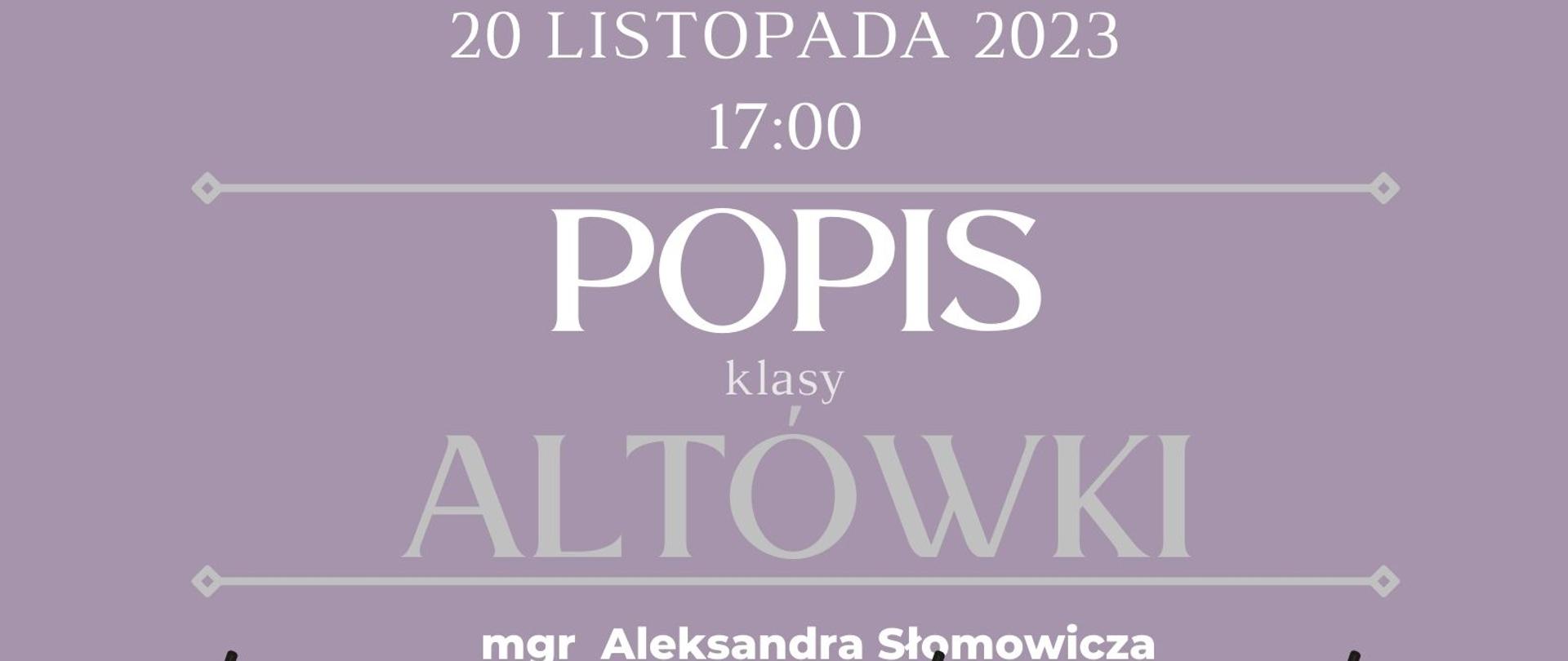 Plakat informacyjny dotyczący popisu klasy altówki odbywającego się w dniu 20.11.2023 r. o godz. 17.00.