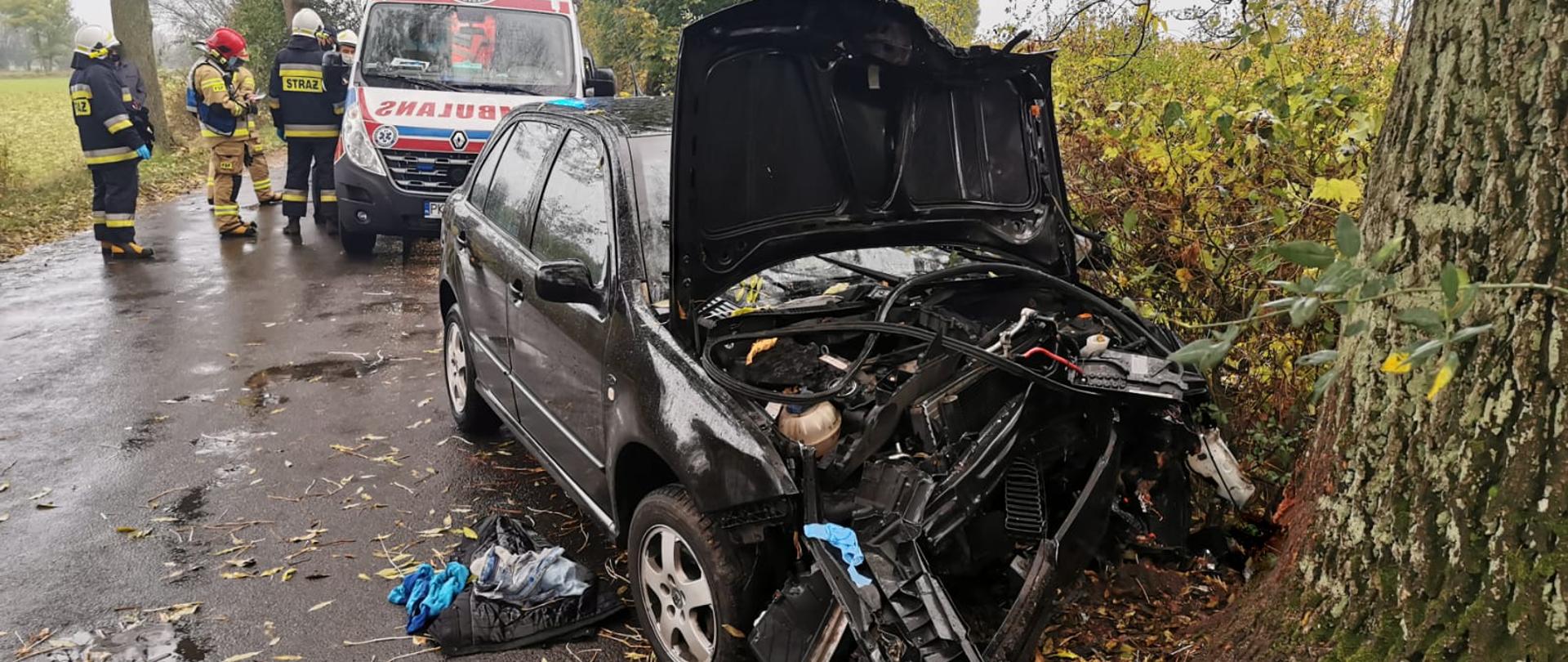 Wypadek koło Karmina. Samochód na prostym odcinku drogi uderzył w drzewo. Ma rozbity przód. za Pojazdem stoi karetka a obok niej są strażacy.