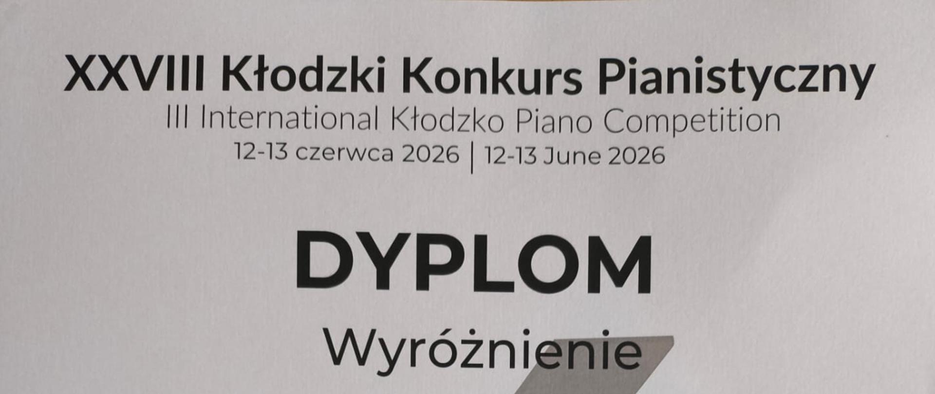 Dyplom wyróżnienia dla Marii Narowskiej w XXVIII Kłodzkim Konkursie Pianistycznym (12–13 czerwca 2026), przyznany przez jury konkursu. Na dyplomie widnieje grafika fortepianu oraz podpisy członków jury.