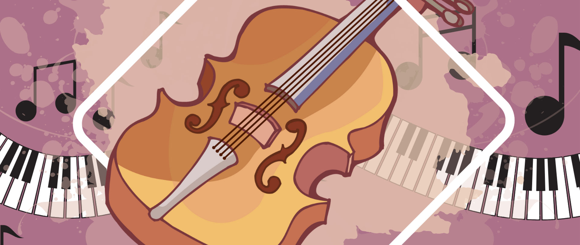 Plakat w odcieniach fioletu z grafiką przedstawiającą skrzypce i klawiaturę fortepianową przebiegająca przez nią. W tle znajdują się następujące napisy: "Zapraszamy na koncert pt. Młodzi wirtuozi skrzypiec i fortepianu, który odbędzie się w najbliższy wtorek, 23.04.2024 r. o godz. 17.00 w auli szkoły. Wstęp wolny."