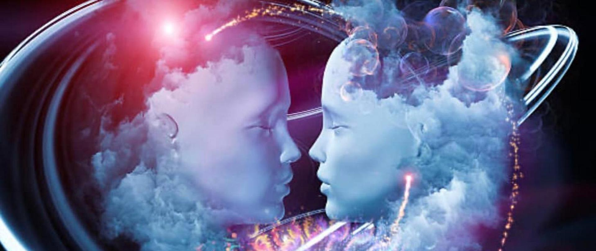 Grafika przedstawiająca dwie głowy skierowane do siebie twarzami z zamkniętymi oczami. Górne części głów są niekompletne. W miejscu brakujących części ukazane są bańki mydlane oraz dym.