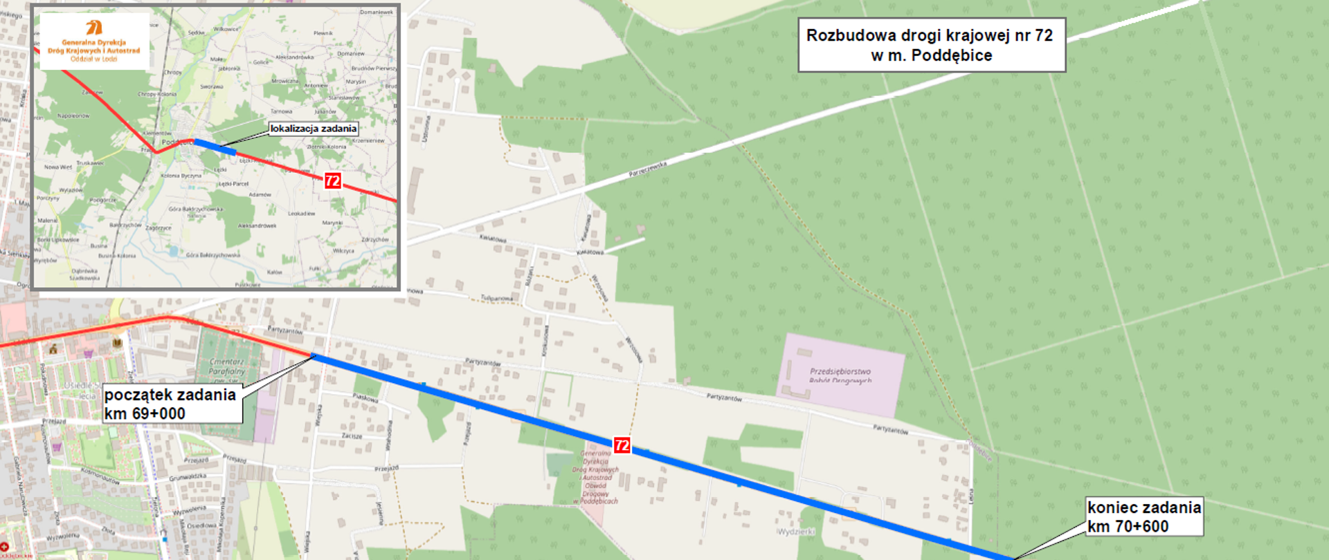 Mapa DK72 Poddębice