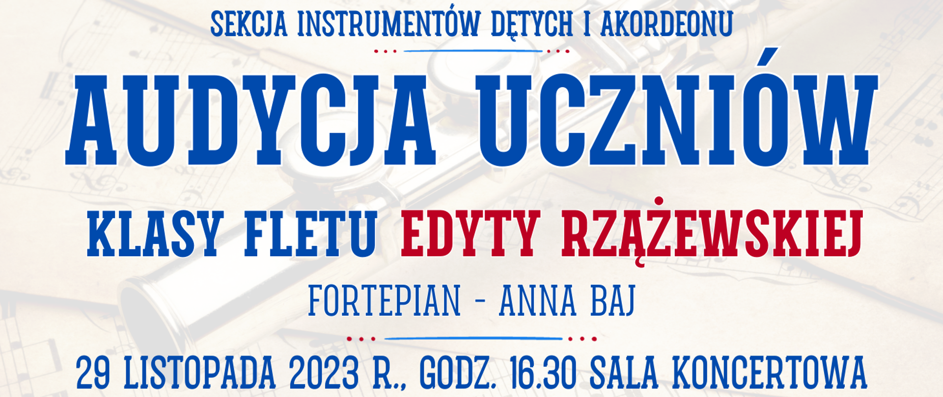 kolorowe tło z fletem poprzecznym leżącym na nutach oraz informacja o wydarzeniu