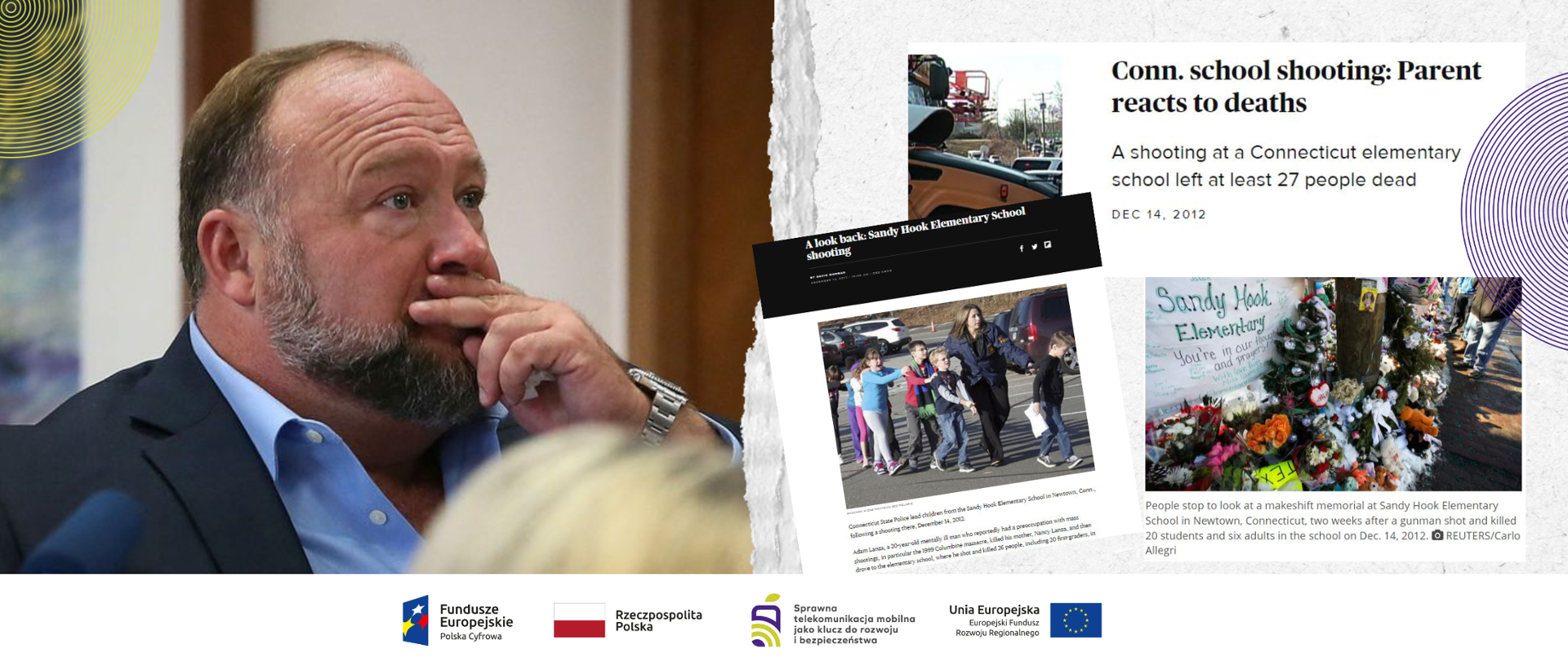 Element graficzny przedstawiający Alexa Jonesa z sali sądowej oraz zrzuty ekranów z nagłówkami artykułów poświęcony strzelaninie w szkole w Newton.