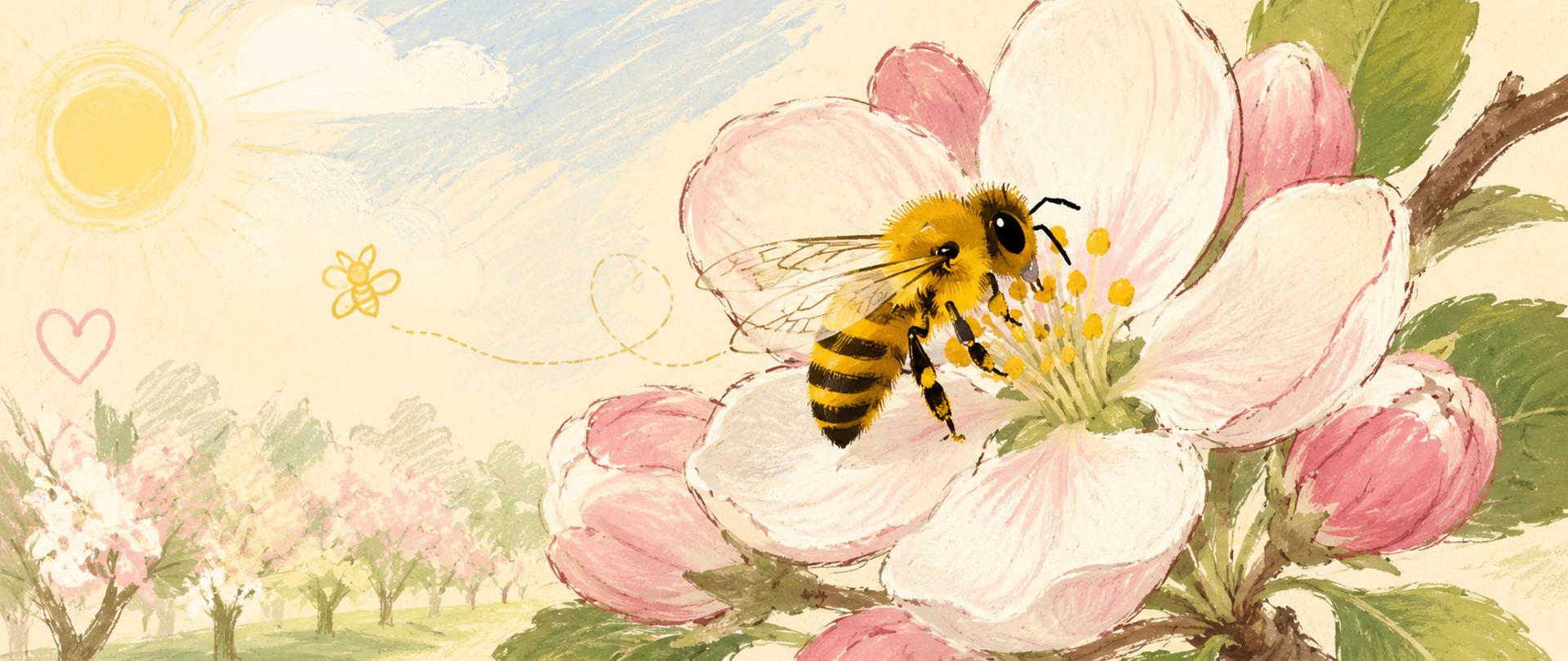 Ilustracja przedstawiająca pszczołę zbierającą pyłek z kwiatu jabłoni na tle kwitnącego sadu, utrzymana w delikatnej, pastelowej stylistyce.