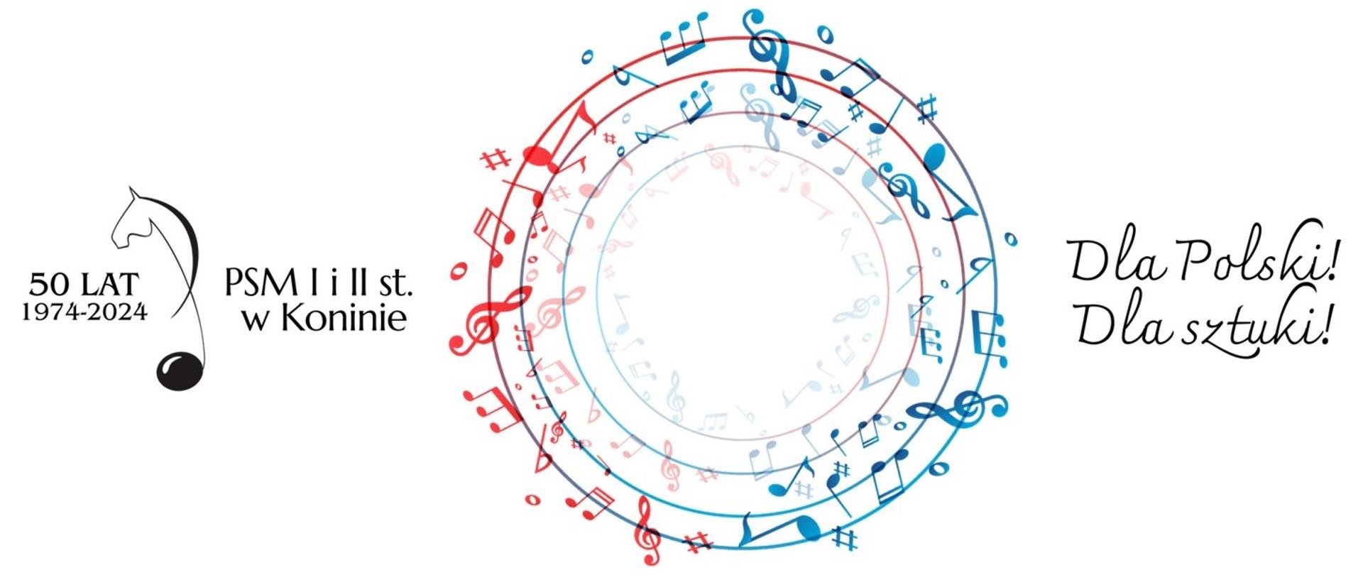 Grafika z logo szkoły, kołem z nutami i napisem Dla Polski dla sztuki.