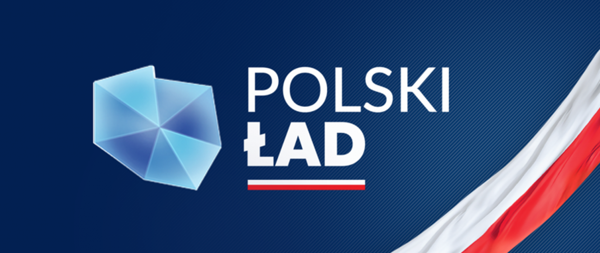 Logo programu Polski Ład na niebieskim tle z geometrycznym kształtem i biało-czerwoną wstęgą.