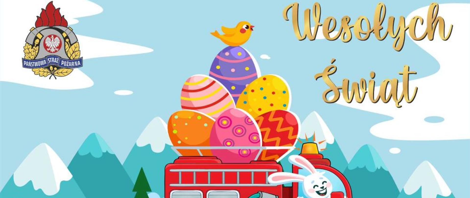 kartka świąteczna - samochód strażacki z pisankami