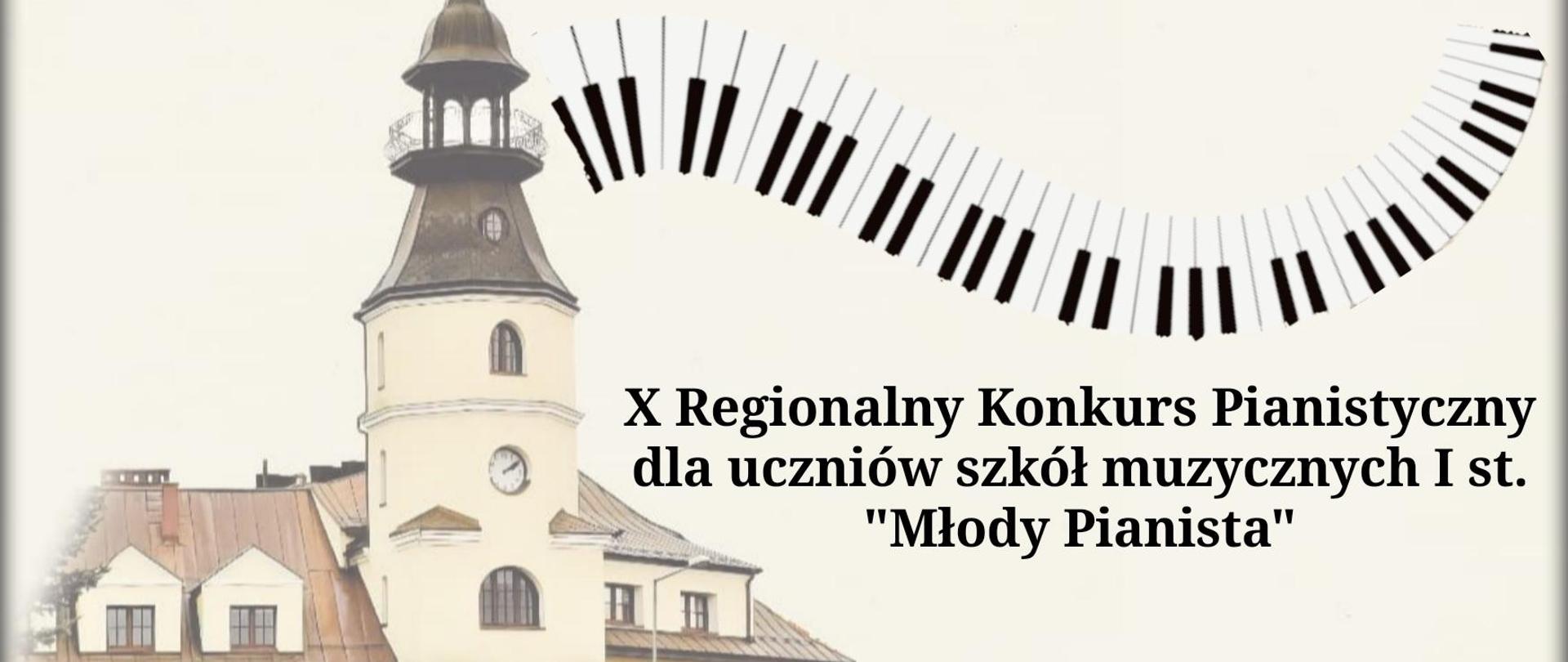 plakat ze zdjęciem budynku szkoły muzycznej w lewej części, z prawej od góry napisy odnoszące się do nazwy szkoły, falująca klawiatura fortepianu poniżej, następnie nazwa konkursu oraz na dole data i miejsce wydarzenia