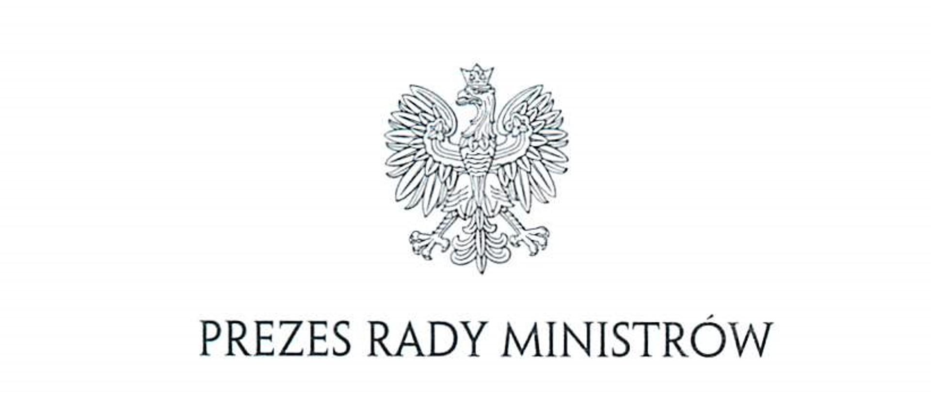 Na środku znajduje się czarny rysunek orła z koroną na białym tle a pod nim napis Prezes Rady Ministrów