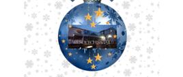 Kartka świąteczna, z niebieską bombką, w tle płatki śniegu, na bombce napis Wesołych świąt, żółte gwiazdki oraz wizerunek budynku szkoły.. 
