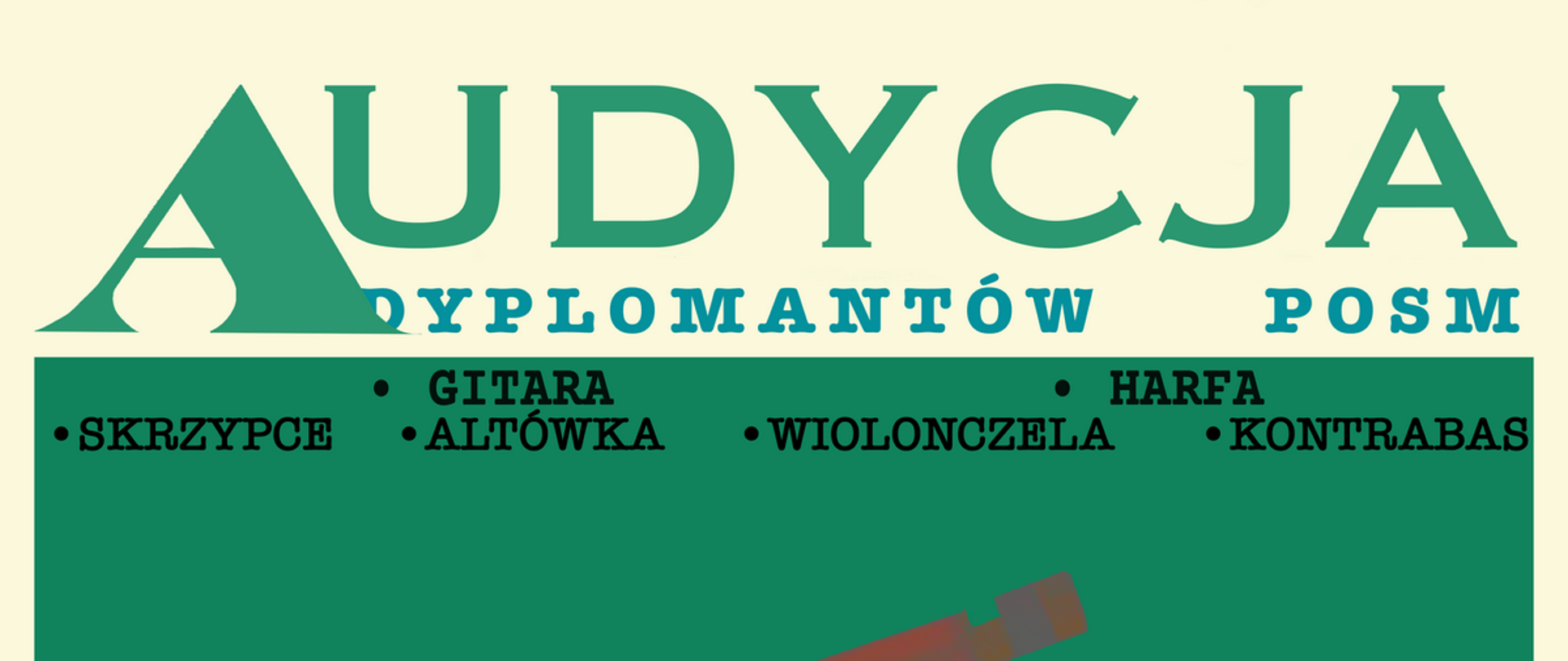 Plakat, zielone tło, tekst: audycja dyplomantów POSM, 26.01.2026 r., godz. 14:30