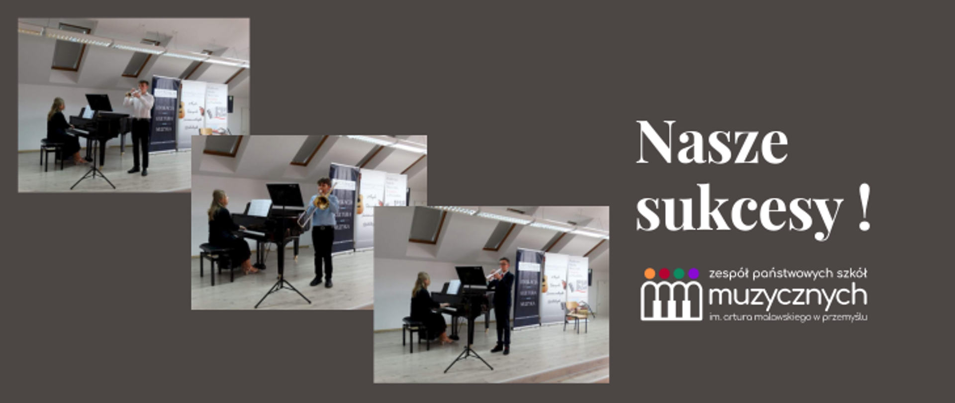 Grafika przedstawia zdjęcia z XI Przeglądu Szkół Muzycznych w Pruchniku naszych uczniów klasy trąbki i puzonu