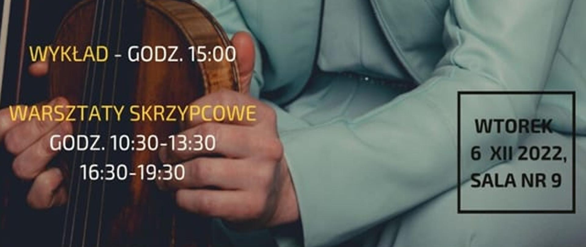 Plakat promujący warsztaty skrzypcowe z adiunkt doktor Martyną Pastuszką, na plakacie zamieszczono zdjęcie prowadzącej warsztaty w jasnej, pastelowej marynarce, trzymającą skrzypce oraz smyczek
