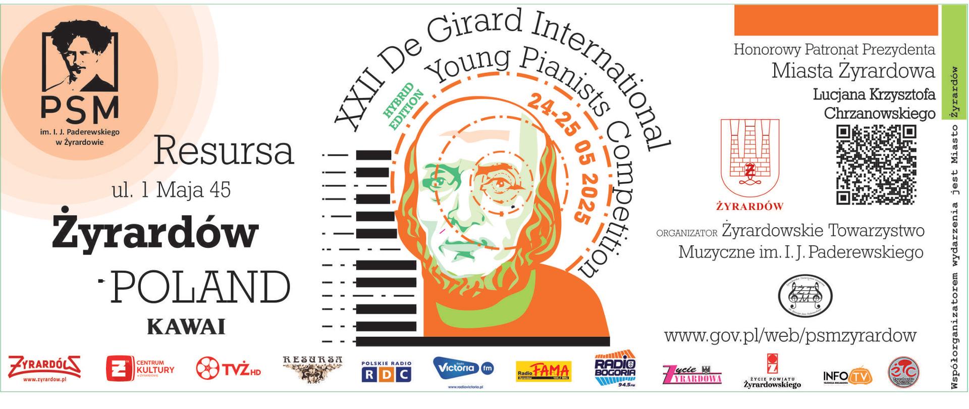 Plakat konkursu XXII De Girard IYPC, po lewej fragment klawiatury fortepianu, centralnie grafika z podobizna De Girarda w pomarańczowej koszulce Na koszulce napis Resursa Żyrardów Poland , na dole loga patronów 
