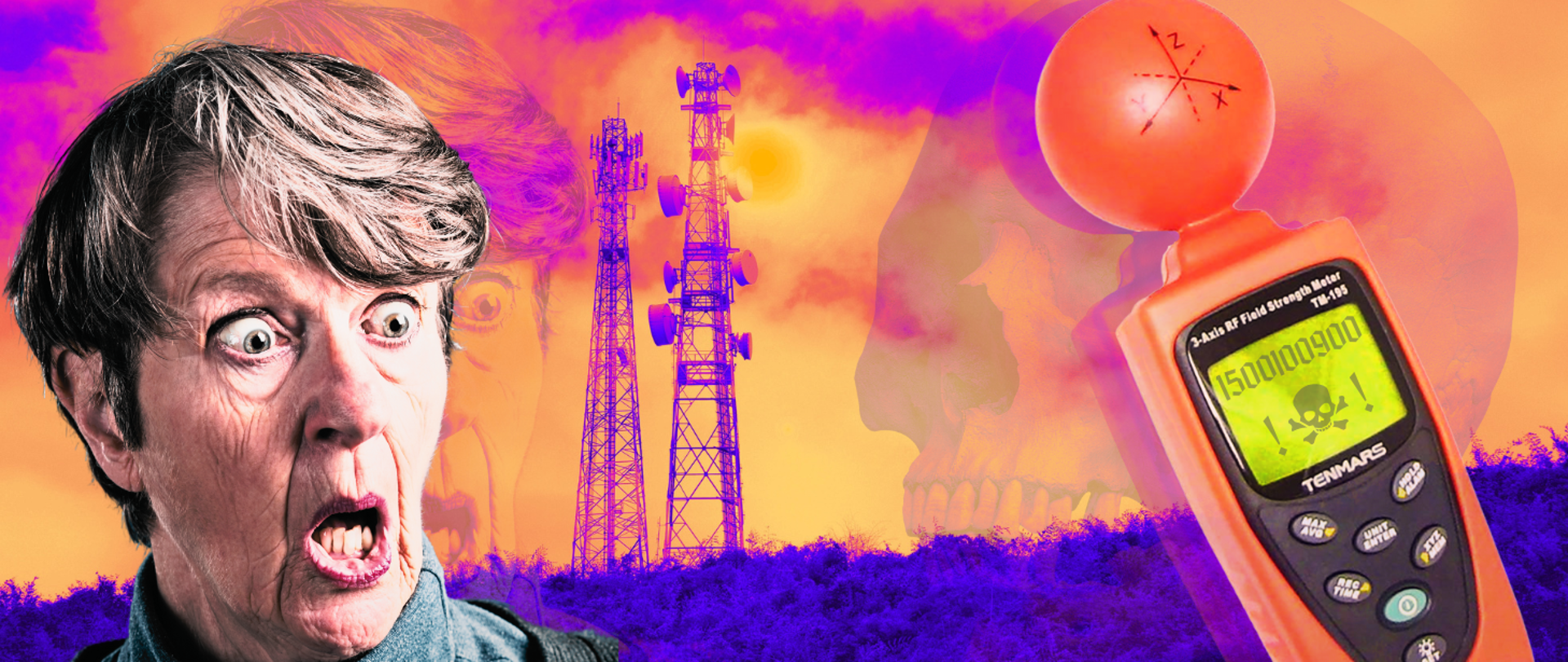 Ilustracja przedstawia krajobraz z widocznymi masztami telekomunikacyjnymi. Na jego tle po lewej stronie zdjęcie amatorskiego miernika promieniowania z wyświetloną liczbą 1500 100 900 i symbolem czaszki ze skrzyżowanymi piszczelami. Po prawej stronie zdjęcie kobiety z wyrazem przerażenia na twarzy.