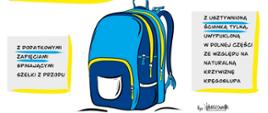 Na białym tle niebieski plecak szkolny z przypominajkami na co zwrócić uwagę w doborze plecaka dla ucznia