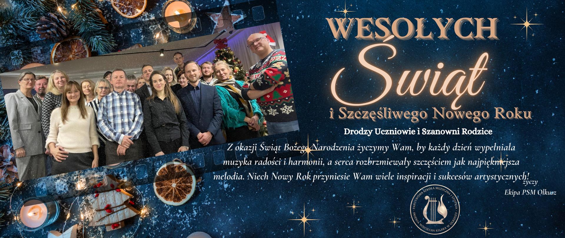 niebieskie tło - niebo, z lewej strony zdjęcie kadry nauczycielskiej, złote i białe napisy