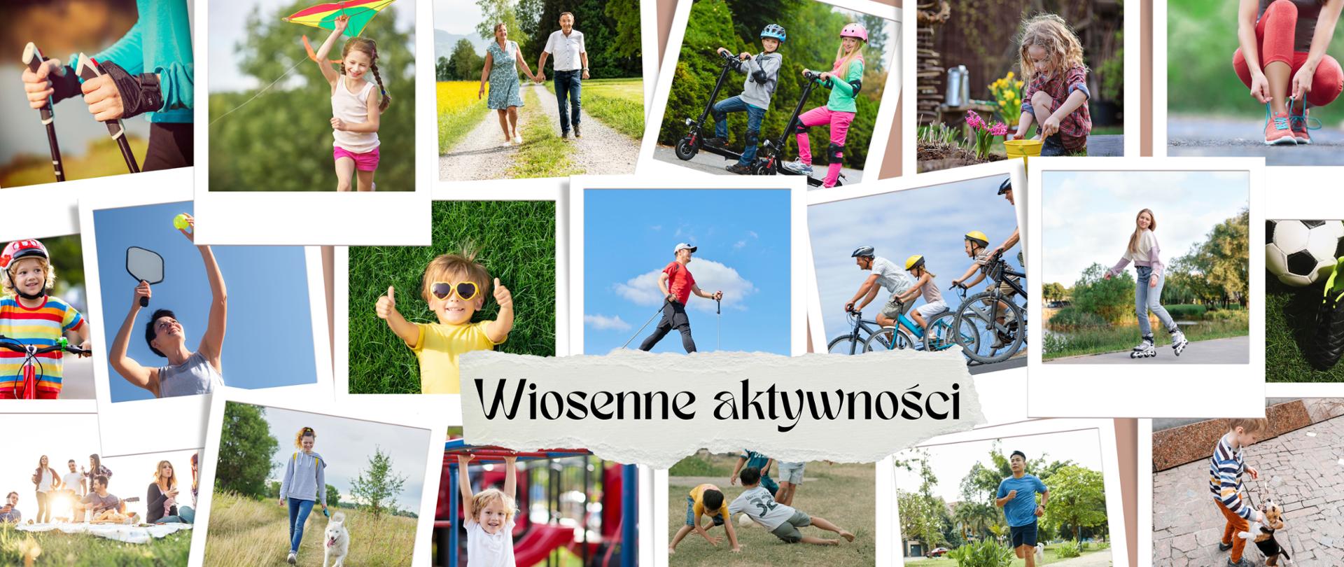 obraz przedstawia 19 zdjęć z różnymi aktywnościami na świeżym powietrzu wykonywanymi przez osoby w różnym wieku: nordic walking, puszczanie latawca, spacer, jazda na hulajnodze, uprawa ogródka, bieganie, jazda na rowerze, gra w tenisa, jazda na rolkach, pilka nożna, piknik, spacer z psem, plac zabaw.