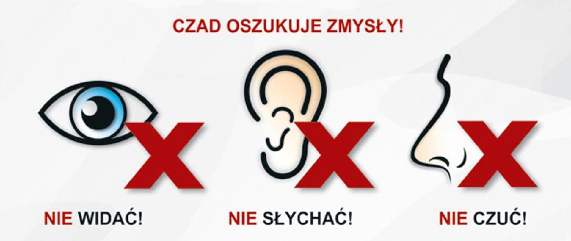 Plakat przedstawiający ludzkie oko, ucho i nos przekreślone czerwonym znakiem X z opisem czad oszukuje zmysły, nie widać, nie słychać, nie czuć