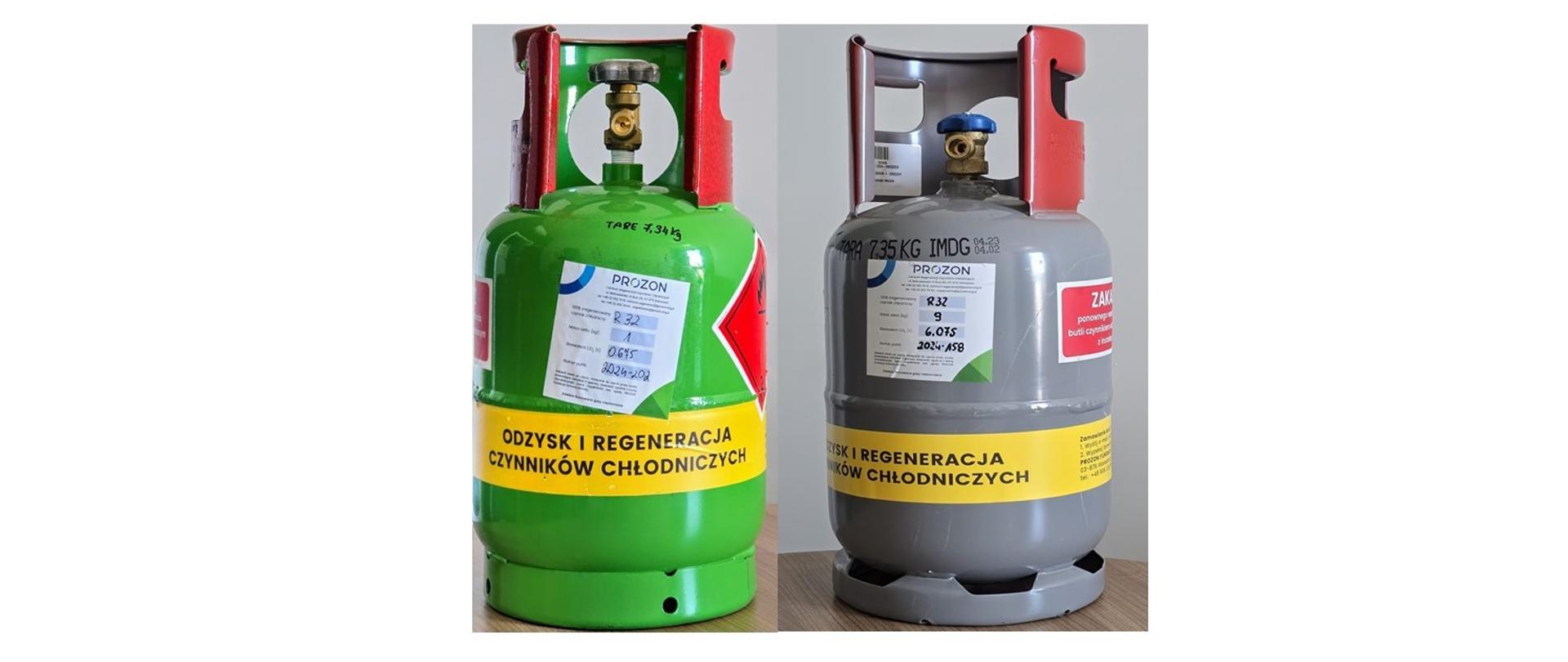 Dwie metalowe butle do przechowywania gazów: jedna w kolorze zielonym z czerwonym kołnierzem oraz druga w kolorze szarym z czerwonym kołnierzem.
