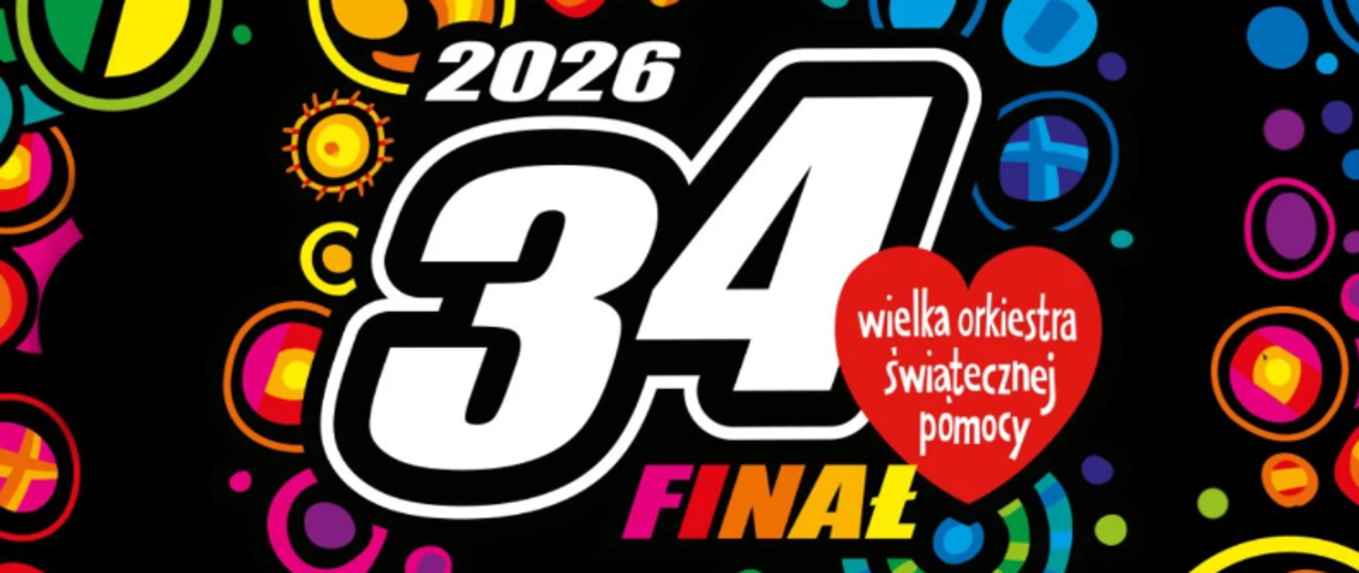 Napis 34 finał WOŚP i serduszko wielkiej orkiestry świątecznej pomocy