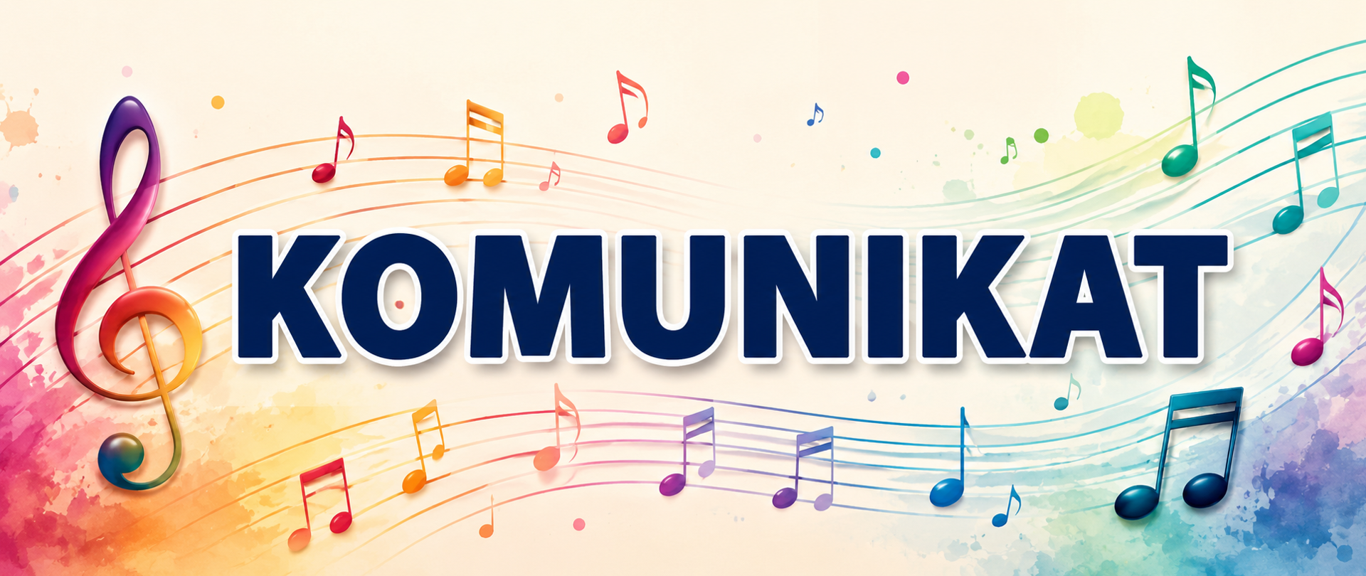 Grafika w poziomym formacie przedstawiająca kolorowy baner z motywem muzycznym. Na jasnym tle umieszczono duży granatowy napis „KOMUNIKAT” z jasnym obramowaniem. Wokół napisu biegną falujące pięciolinie w tęczowych kolorach z rozmieszczonymi na nich nutami muzycznymi. Po lewej stronie znajduje się duży, wielobarwny klucz wiolinowy. Tło ozdobione jest akwarelowymi plamami i drobnymi kolorowymi elementami, nadającymi grafice dynamiczny, radosny i artystyczny charakter.