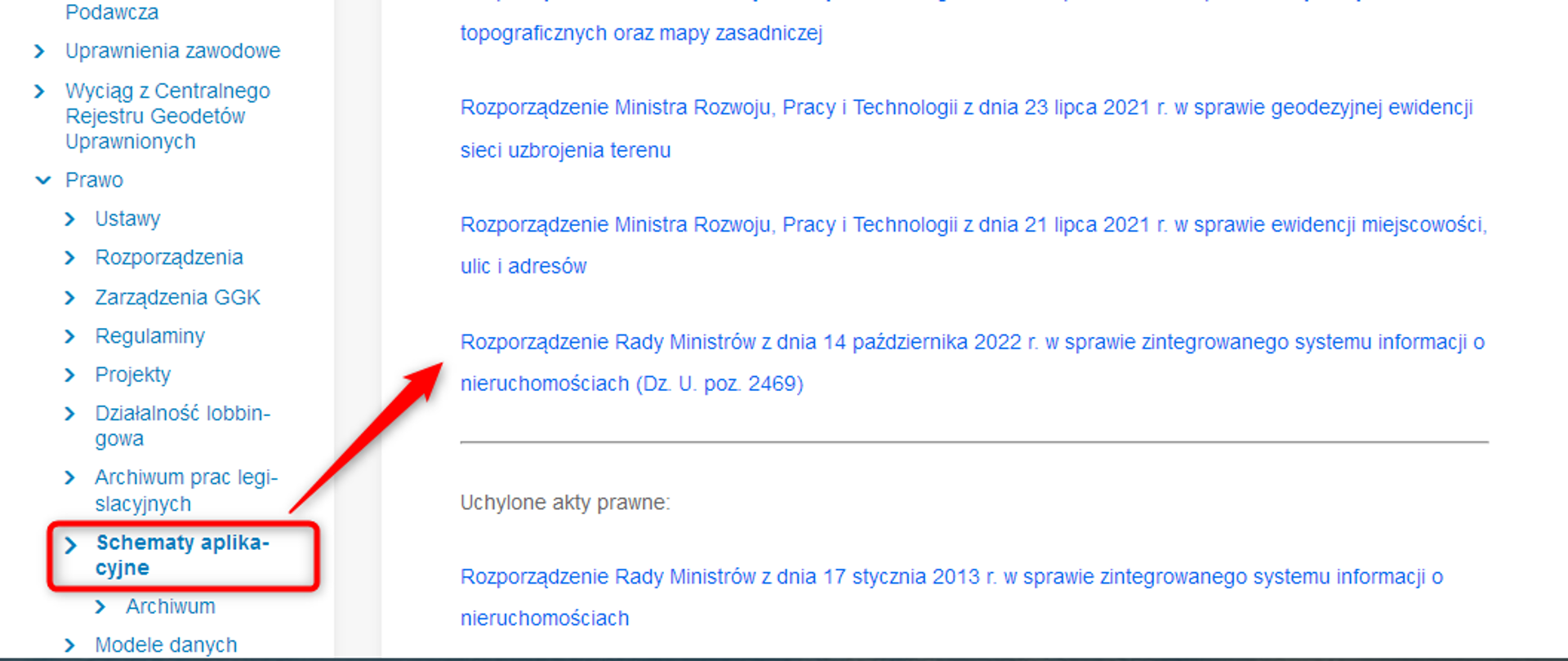 Ilustracja przedstawia zrzut z ekranu Biuletynu Informacji Publicznej GUGiK www.gugik.gov.pl/bip zakładka Schematy aplikacyjne, skąd można pobrać schematy aplikacyjne xsd.
