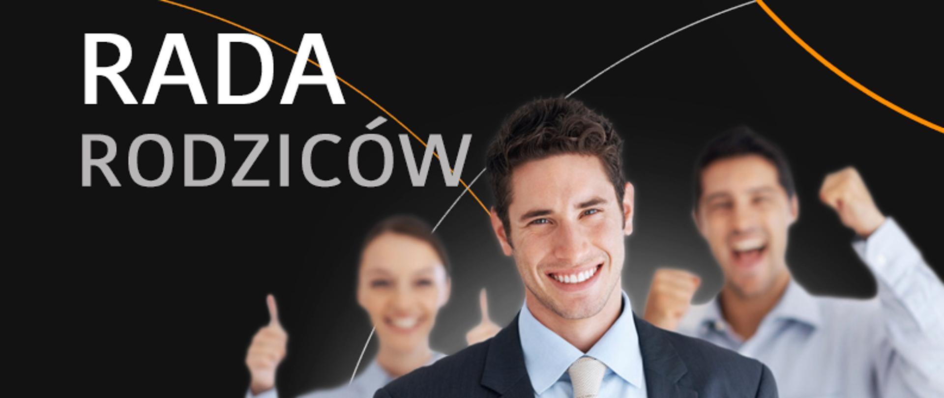 Na czarnym tle białeymi literami napisane hasło :rada rodziców" oraz obrazek trójki dorosłych ludzi.