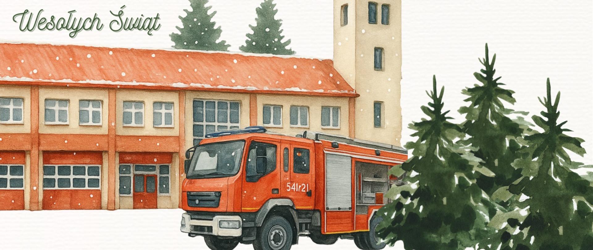Grafika przedstawiająca budynek strażnicy, wóz strażacki oraz choinkę.