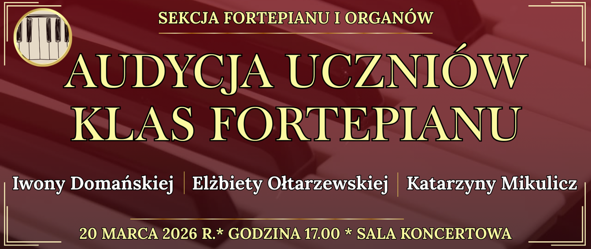 baner w tle klawiatura fortepianu oraz informacja o wydarzeniu
