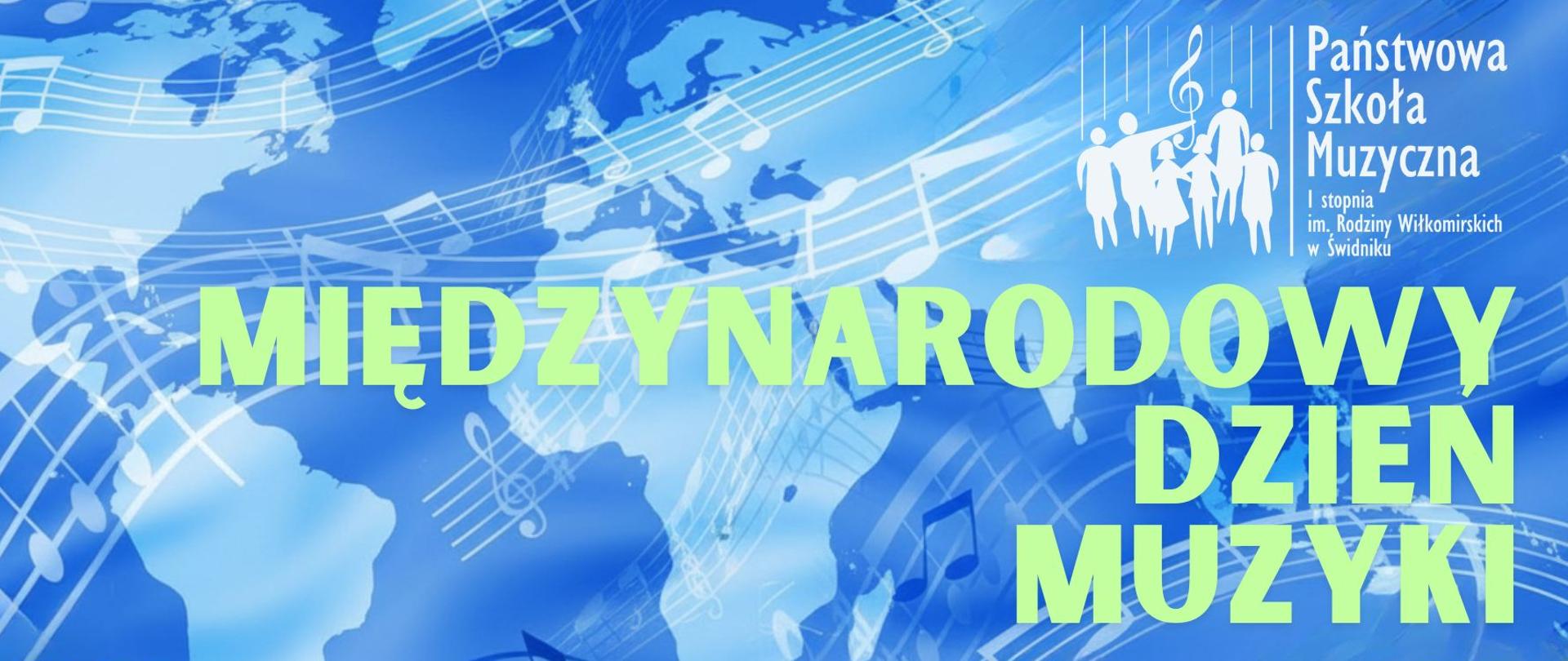 "Plakat Międzynarodowego Dnia Muzyki PSM w Świdniku, 1.10.2026, g.18:00, sala koncertowa. Tło: mapa świata i nuty na niebiesko. Wstęp wolny."